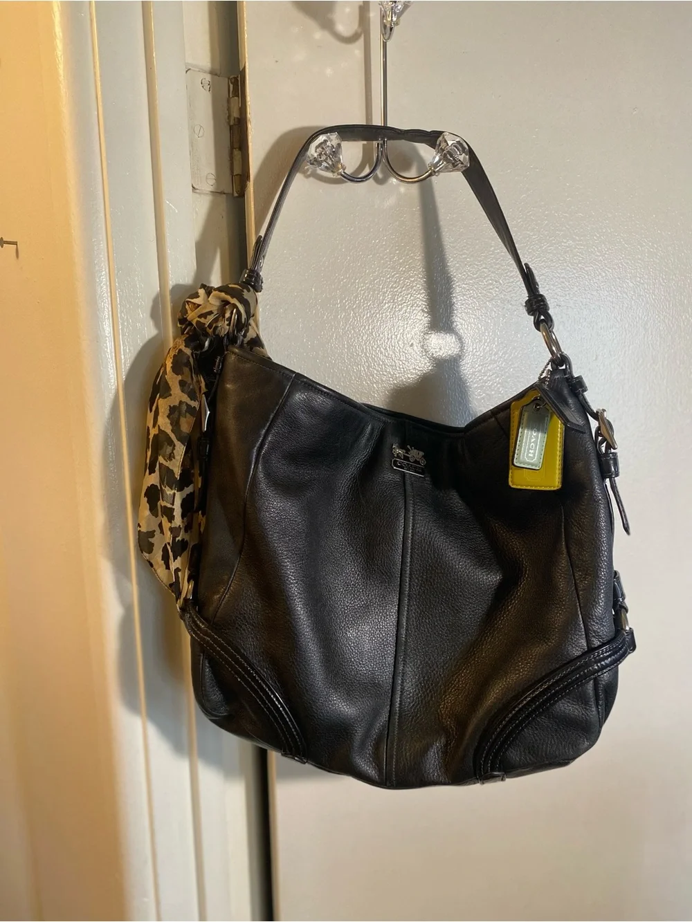 Coach Black Leather “ Chelsea Katrina Hobo Bag”  with Yellow & Light Green Tag